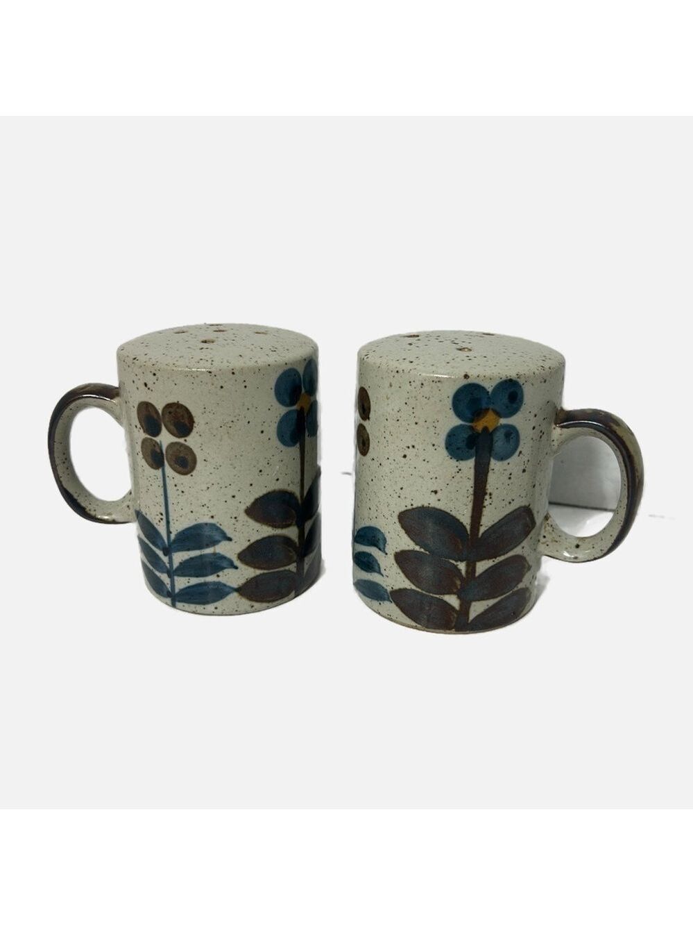 Studio Art Pottery Stoneware Otagiri Salt Pepper Shaker Set Floral Handle Brown